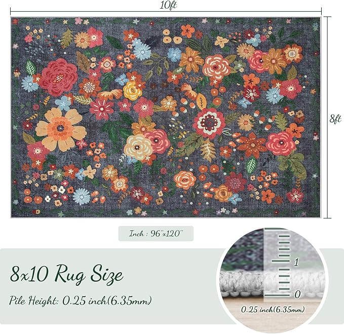 8x10 Area Rug for Living Room: Vintage Floral Washable Rug Soft Boho Non Slip Carpet Large Indoor Floor Non Shedding Low Pile Thin Carpets for Bedroom Dining Room Farmhouse Nursery Home Office Black