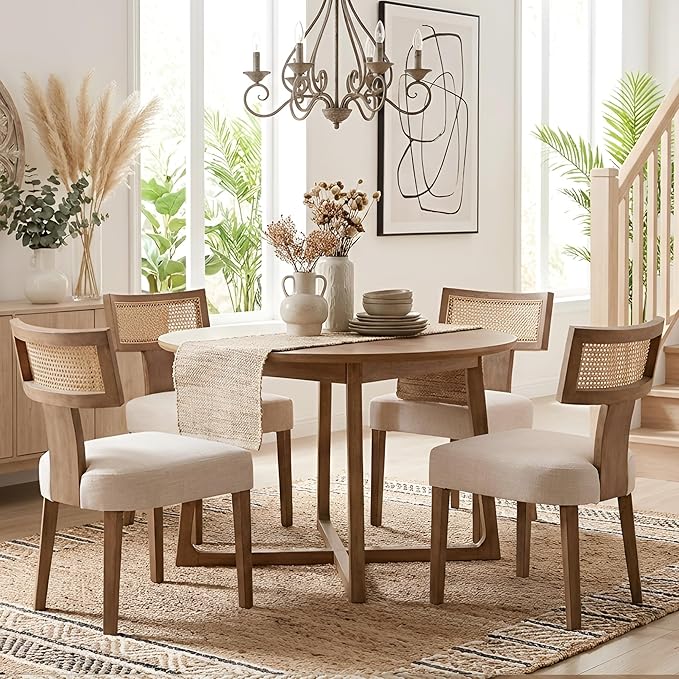 HNY Mid Century Modern Rattan Dining Chairs Set of 4, Farmhouse Linen by HNY