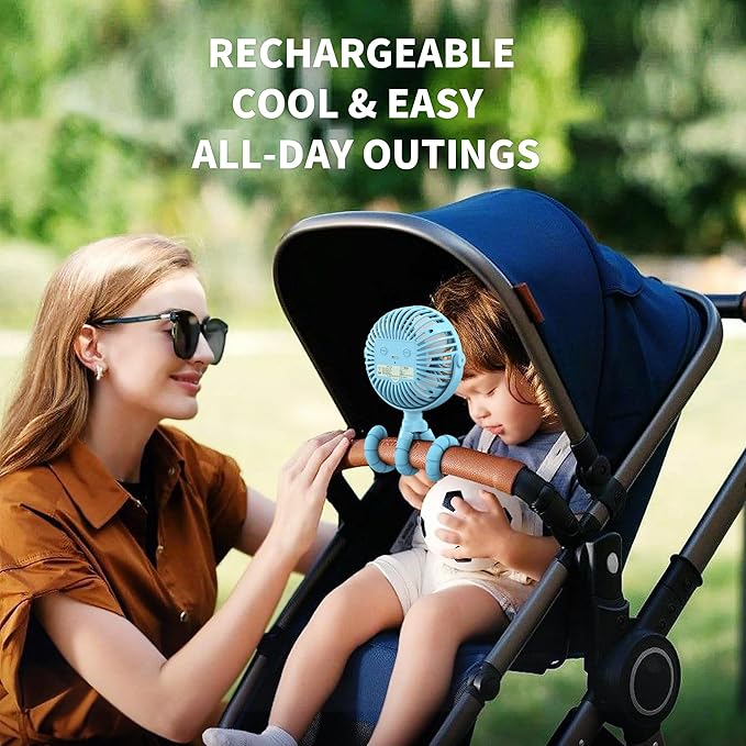 AMACOOL Battery Operated Stroller Fan Flexible Tripod Clip On Fan with 3 Speeds and Rotatable Handheld Personal Fans for Car Seat Crib Bike Treadmill (Blue)