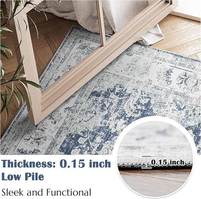 jinchan Floral 2x3 Rugs for Entryway - Vintage Washable Small Non-Slip Distressed Indoor Doormat Ultra-Thin Low-Pile Accent Rug for Entrance Kitchen Bedroom Bathroom (2x3ft,Dark Blue)