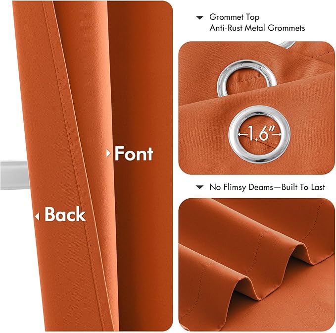 MIULEE Orange Blackout Curtains for Bedroom Living Room 63 Inches Long 2 Panels, Fall Thermal Insulated Room Darkening Drapes Solid Grommet Noise Reduction Light Blocking Window Treatments 40x63 Inch