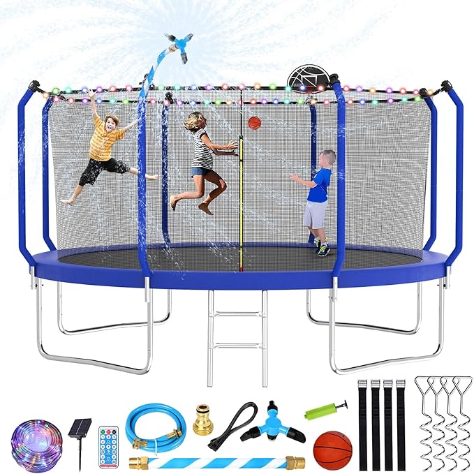 Upgraded Trampoline 8FT/10FT/12FT/14FT With Basketball Hoop, Light, Sprinkler, Stakes - Outdoor Backyard for 4-6 Kids and Adults