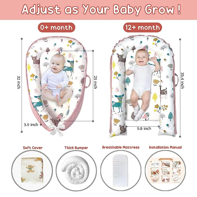 Baby Lounger - Baby Lounger for Newborn 0-24 Months, Breathable, Soft Cotton Baby Nest, Portable Infant Lounger for Home & Travel, Newborn Essentials Gift (Pink Deer)