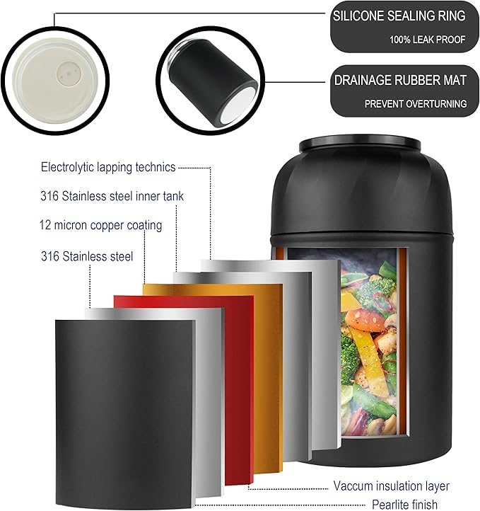 Soup Thermo for Hot Food & Drinks, Thermo Lunch Box for Kids, 17oz Vacuum Insulated Food Container with Spoon&&Drawstring Bag, Soup Therm for Adults,Black&White