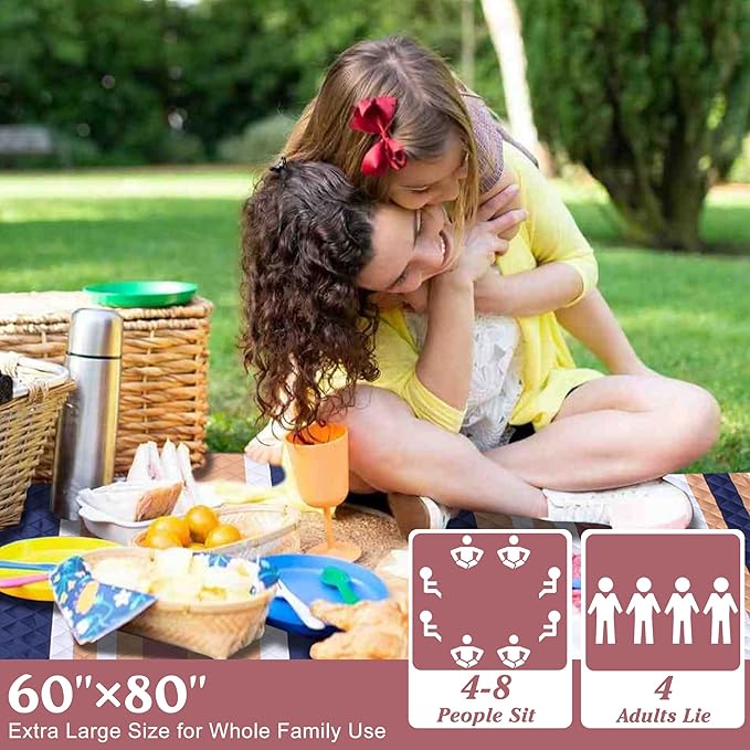 Waterproof Picnic Blanket 80" x 60" in Portable with Carry Strap for Beach Mat or Family Outdoor Camping Party, Park Blanket for Grass Park, Hiking, Travel, Concerts (Brown&Orange, 80" x 60")