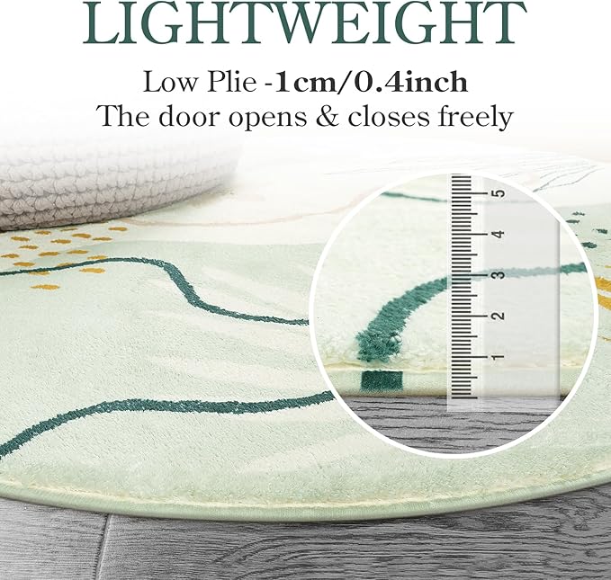 Lahome Boho Round Area Rug - 3Ft Washable Non-Slip Bathroom Rug, Green Botanical Print Carpet for Bedroom, Living Room, Entryway