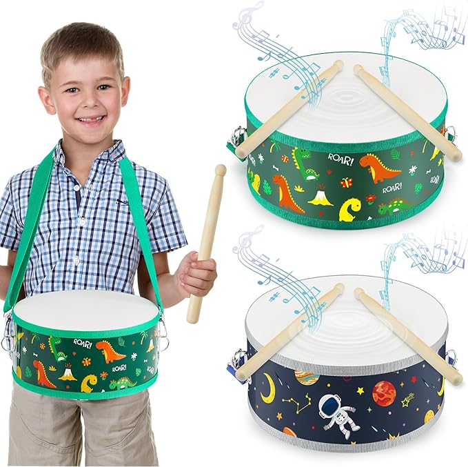 Boao 2 Pcs Kids Drum Set, 8 Inch Toddler Drum Wooden Toy with Adjustable Strap and 4 Drumsticks, Educational Sensory Musical Instrument for Toddlers Kid Baby Boys Girls Gift (Dinosaur)