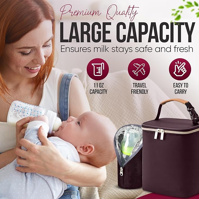 BreastMilk Cooler with Ice Packs and Tote Bags for Nursing, Large Capacity, Waterproof, Fits 9 Baby Bottles Up to 11 oz, Dark Brown