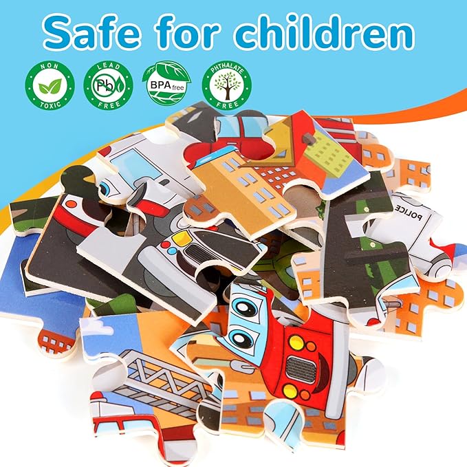 Wooden Puzzles Toys for Kids Ages 3-5, Set of 4 Packs Dinosaur, Space, Transportation Wood Toddler Puzzles, Preschool Brain Teaser Toys for Boys and Girls 2 3 4 5 6 Years Old