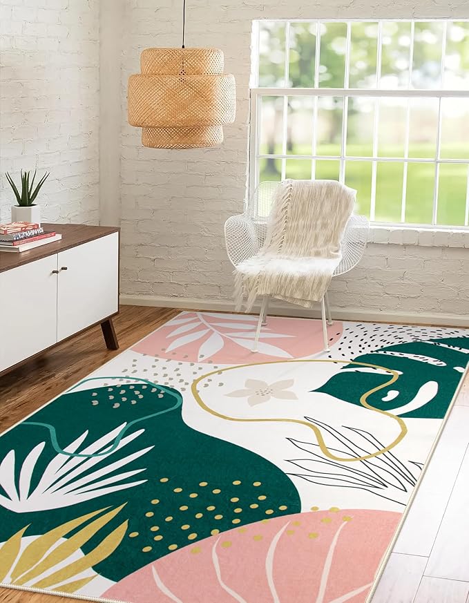 Lahome Washable Rug 5x7 - Rugs for Living Room 5x7 Non-Slip Ultra-Thin Carpet for Bedroom Cute Soft Kids Nursery Rug, Boho Botanical Print Indoor Floor Rug for Entryway Office (5'x7',Green/Pink)
