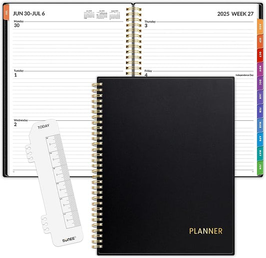 SUNEE Academic Planner 2025-2026 Weekly and Monthly, July 2025-June 2026, 8.5"x11", Tabs, Note Pages, Pockets, Bookmark, Flexible Cover, Spiral Binding, Black