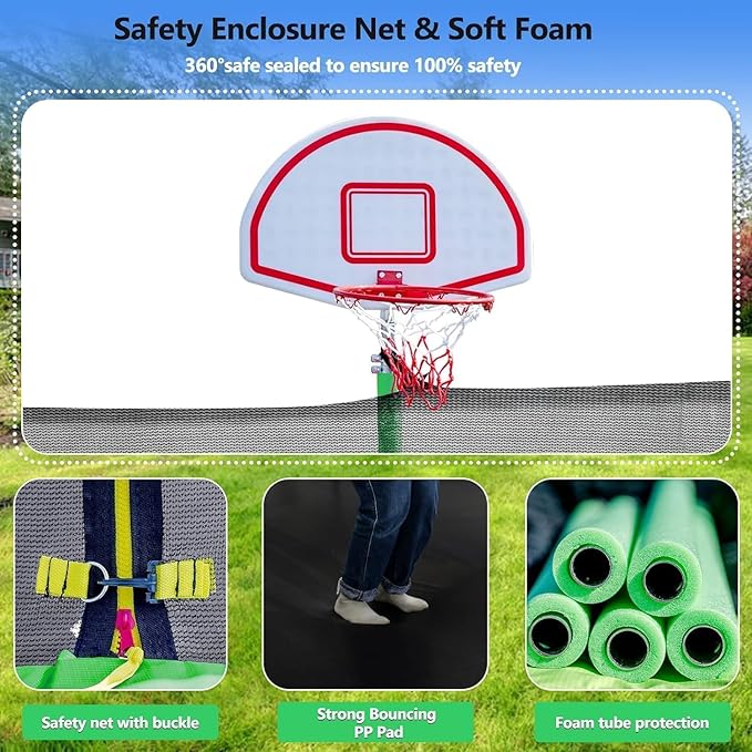 Upgraded 10/12/14/15/16FT Trampoline Outdoor, Large Kids Trampoline with Light, Stakes, Sprinkler, Backyard Trampoline with Basketball Hoop and Net, Capacity for 4-6 Kids and Adults