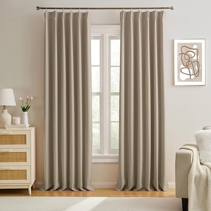 KEQIAOSUOCAI Pinch Pleated Window Curtain Panels 104 Inches Long Light Blocking Solid Custom Made Pleated Curtains Hooks Track Privacy Memory Shape Drape for Living Room,Khaki,40x104, Set of 2