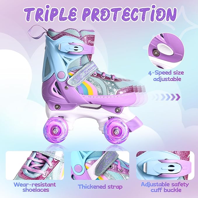 Rainbow Toddler Roller Skates - Size 4 Adjustable | Light Up Quad Skates for Girls & Boys Beginners Aged 3-12