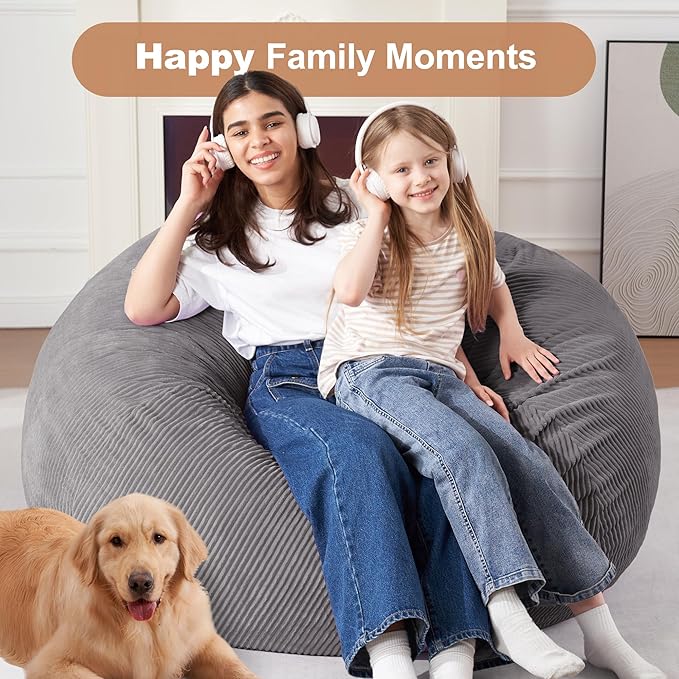 Homguava 3.5FT Bean Bag Chair: Teardrop Bean Bags with Memory Foam Filled, Compact Beanbag Chairs Soft Sofa with Corduroy Cover (Grey)