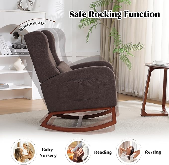 Rocking Chair Nursery with Foot Rest, Wingback Nursery Rocking Chairs, Nursing Glider Rocker Chair with Pillow and High Back for Nursery, Living Room, Bedroom, Coffee