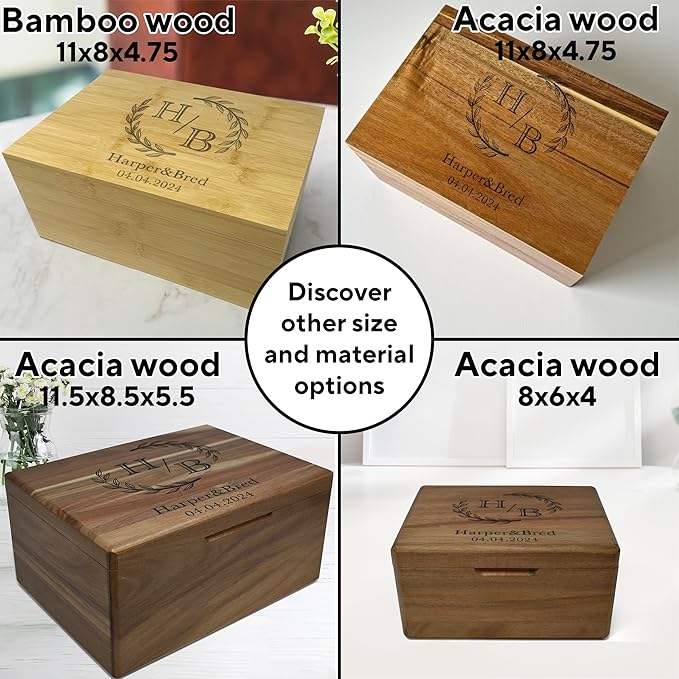 Wedding Memory Box for Keepsakes - Personalized Newly Named Box for Couple, Bride & Broom Gift, Bamboo Wood Custom Wedding Gift Unique, Wooden Gift Anniversary, Engagement Time Capsule, 11x8x4.75 in