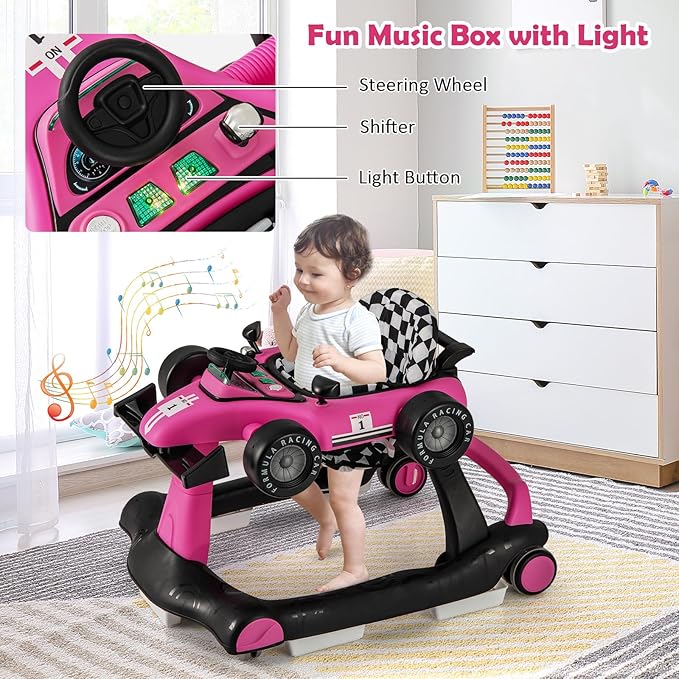 HONEY JOY 4-in-1 Baby Walker, Activity Push Walker w/3 Adjustable Heights, Smooth Wheels w/Adjustable Speed, Padded Seat, Music & Light, Foldable Car Walker for Baby Boys Girls Age 6 Months+ (Pink)