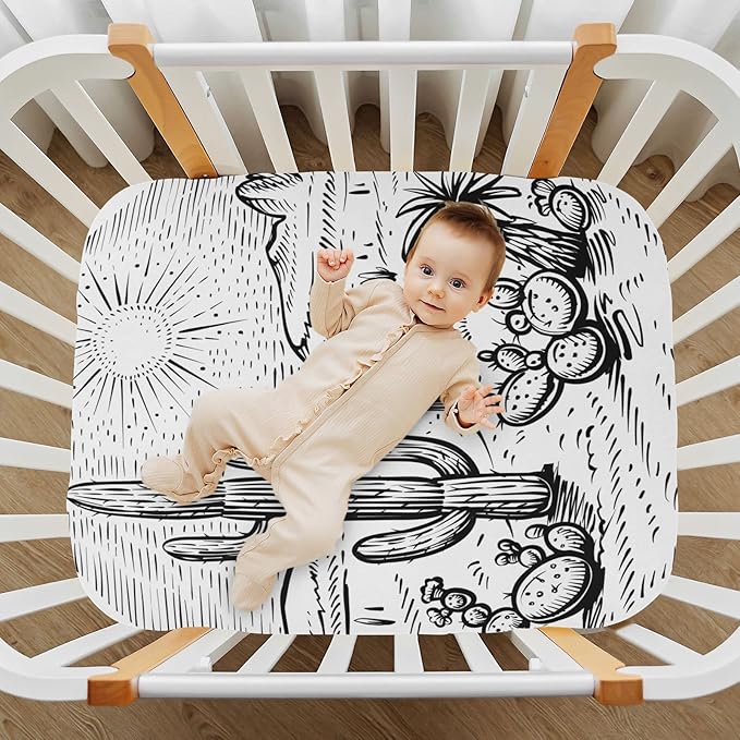 Western Desert Landscape Crib Sheets for Boys and Girls, Fitted Baby Crib Sheets Soft and Breathable Mini Crib Sheets 52 X 28 X 9 Inches