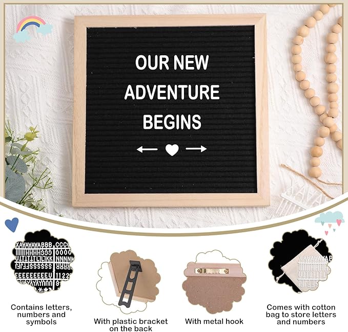 9 Pcs Pregnancy Announcement Set Pregnancy Reveal Ideas Felt Letter Board Baby Bodysuit Booties Photo Frame Bear Plush Wood Blocks for Coming Soon Baby Announcement(Black)