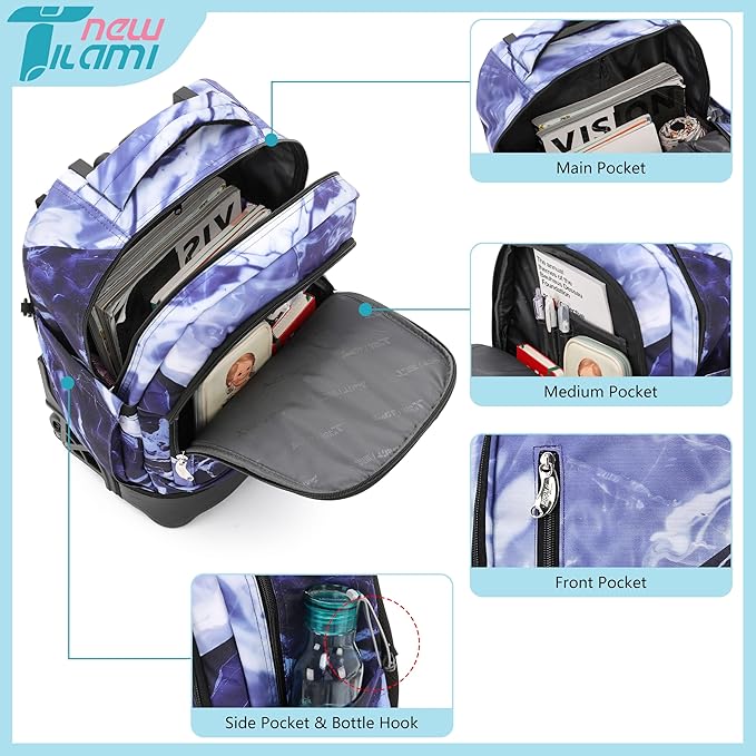 NEW TILAMI 18 inch Rolling Backpack Boys for School – Durable, Waterproof, Adjustable Handle, Stair Climbing, Variety of Colors & Patterns, Lightning Purple
