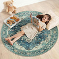 RELEANY Area Rugs Round 4ft Washable Non-Slip, Floral Vintage Distress Print by RELEANY