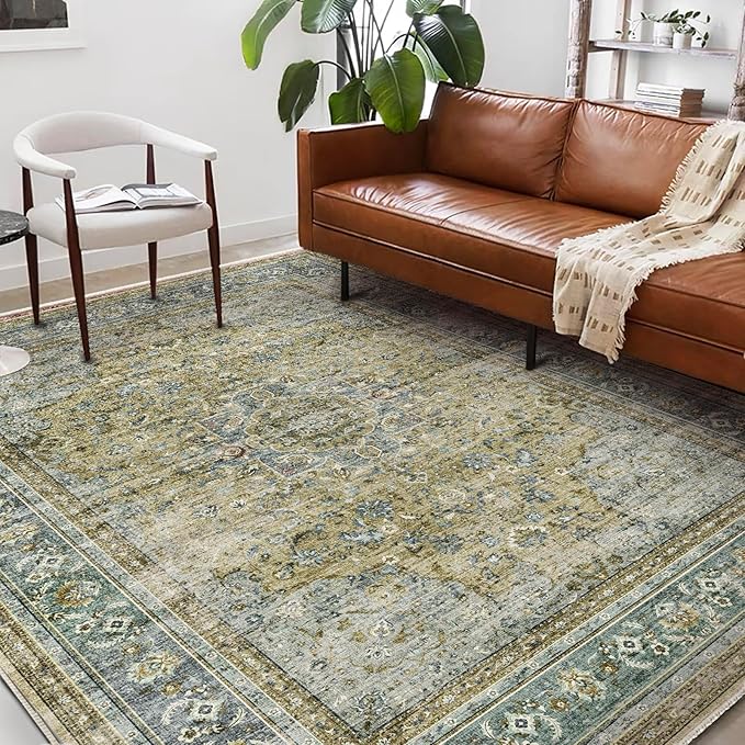 Washable Area Rug 8'x10' Boho Design Non-Shedding Non-Slip Easy Care Ideal for High Traffic Areas in Living Room Bedroom Office Coffee Table Kitchen Large Carpet