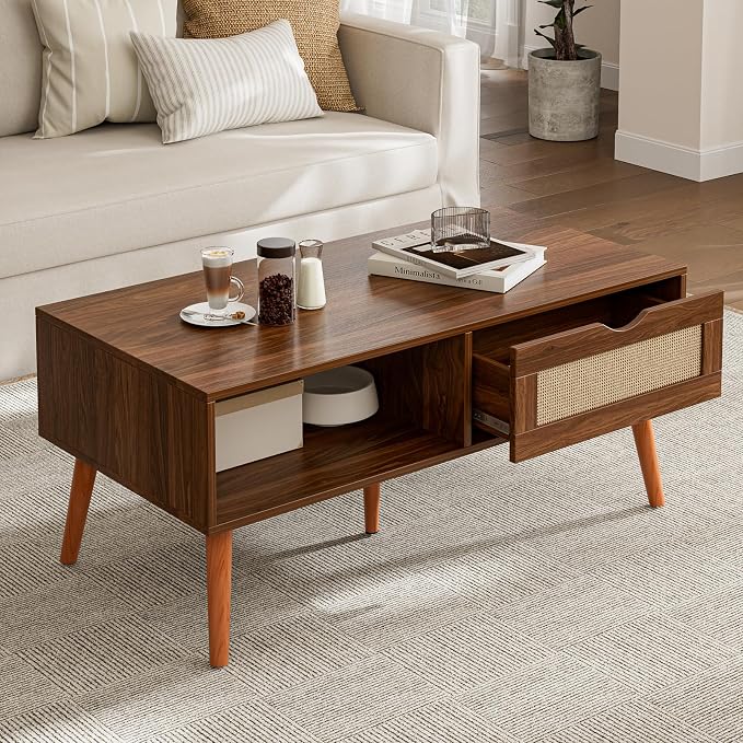ZttRiee Coffee Table with Storage, Boho Dining Table with Rattan Drawer and by ZttRiee