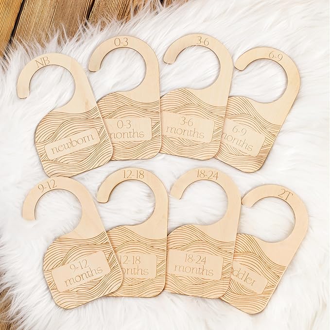 Whitluck's Baby Closet Dividers - 8-Pack Double-Sided Wooden Hangers for Organizing Baby Clothes from Newborn to 24 Months (Infant to Toddler) - Cute and Functional Nursery Decor for Boys and Girls