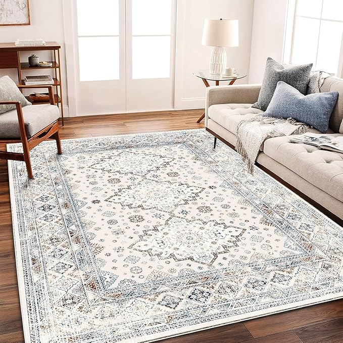 Washable Area Rug 10x14 Retro Flowers Boho Design Non-Shedding Easy Care Ideal for High Traffic Areas in Living Room Bedroom Office Coffee Table Kitchen Large Carpet