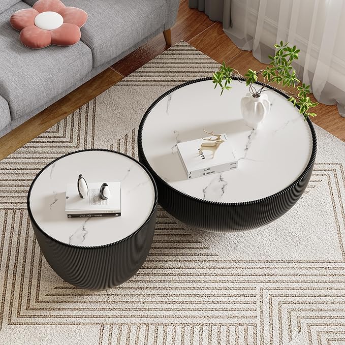SSLine Bowl-Shape Coffee Table Set of 2 Modern Sintered Stone Top Nesting - Image 3
