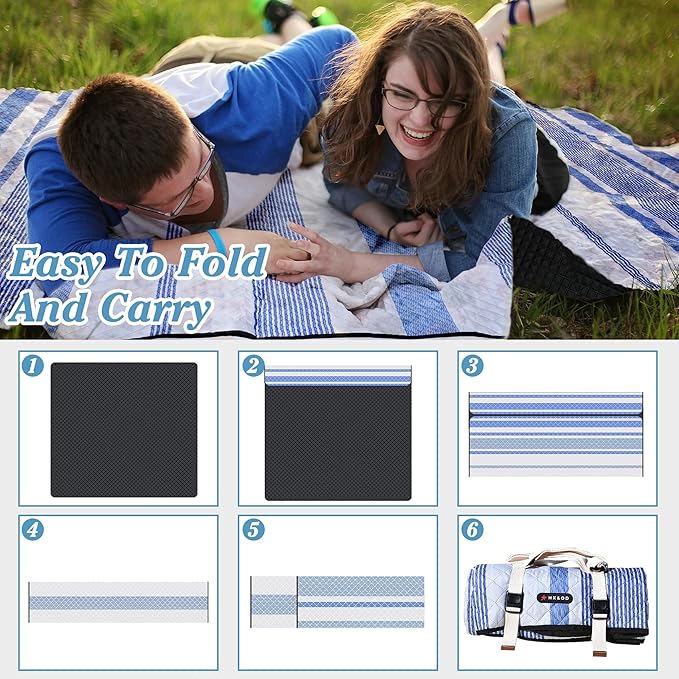 Waterproof Picnic Mat, Outdoor Camping Oversized Field Blanket. Portable Thickened Camping Blanket, Suitable for Beach, Camping, Music Festival, Party, Outdoor Adventure. (Blue & White, 80”x80”)