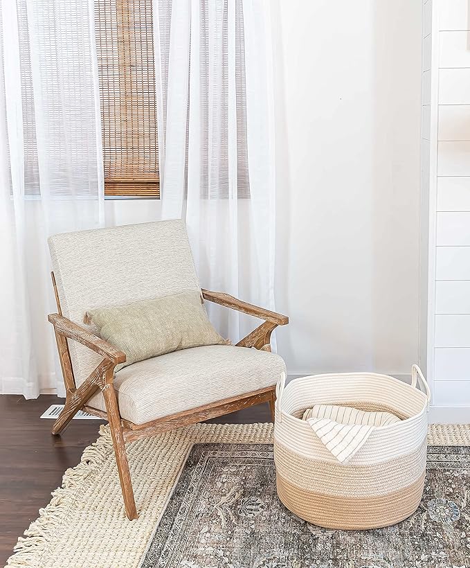 OrganiHaus Extra Large Blanket Basket for Living Room 20x13, Natural Cotton Rope Laundry Basket, Sturdy Hamper for Toy Storage, Cushions & Pillows Storage Bin, Nursery Decor Hamper - Honey