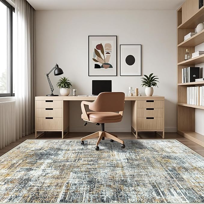 Area Rug Living Room Rugs: 5x7 Abstract Washable Rugs Ultra Soft Carpets with Non-Slip Backing Stain Resistant Carpet for Dining Room Table Bedroom Nursery Indoor Home Office Brown/Gray