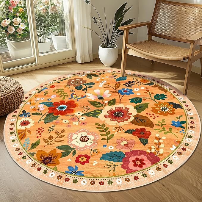 Floral 6ft Area Rug Machine Washable Soft Print Boho Carpet Non Slip Doormat Low Pile Flower Area Rugs for Living Room Bedroom Nursery Kitchen Dining Room Indoor-Yellow/Orange