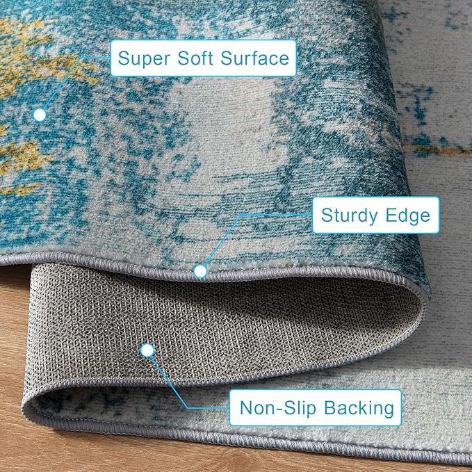 Entryway Rug 2x3 Blue Rug, Washable Abstract Small Rugs Non-Slip Low Pile Throw Rugs for Kitchen Floor, Front Door, Bedroom Bedside