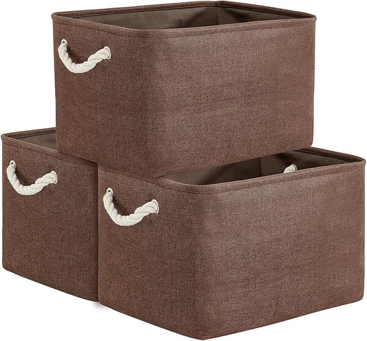 TheWarmHome Organization and Storage Basket for Shelves - 3 Pack 16x12x12 inch Fabric Storage Cubes, Cube Storage Bin for Organizing Closet Cloth Organizer Gift Toy (White & Brown)