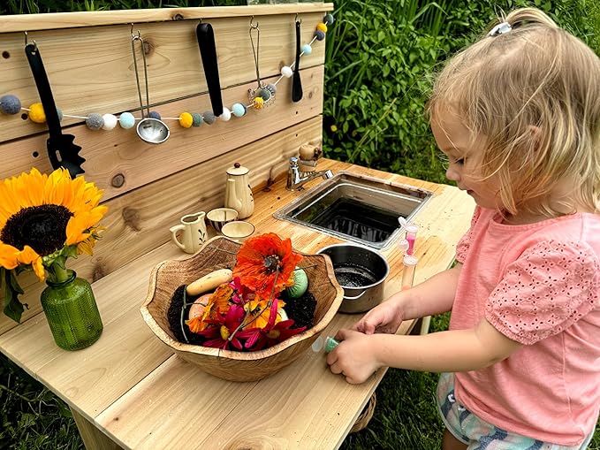 Noble Toys Mini Mud Kitchen with Functional Sink for Kids | Pretend Play Toddler Table with Running Water | Outdoor Playset Working Sink | Real Wooden Kitchens | Preschool Equipment