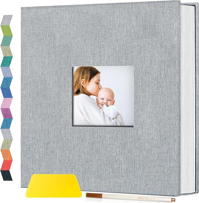 popotop Photo Album Self Adhesive with Picture Display Window,40 Pages DIY Scrapbooking Supplies Kit for 4x6 10x12 Picture,Linen Cover Memory Book for Baby Wedding, with Scraper and Metallic Pen