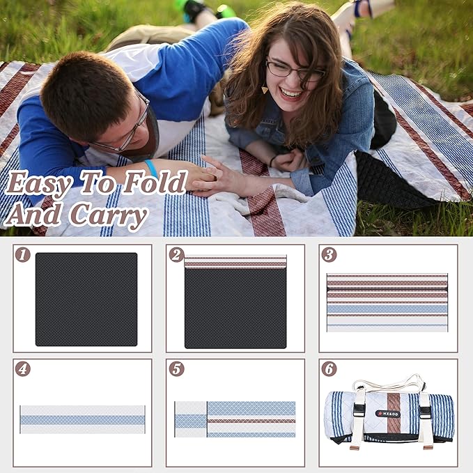 Waterproof Picnic Mat, Outdoor Camping Oversized Field Blanket. Portable Thickened Camping Blanket, Suitable for Beach, Camping, Music Festival, Party, Outdoor Adventure. (Brown&Blue&White, 80”x60”)