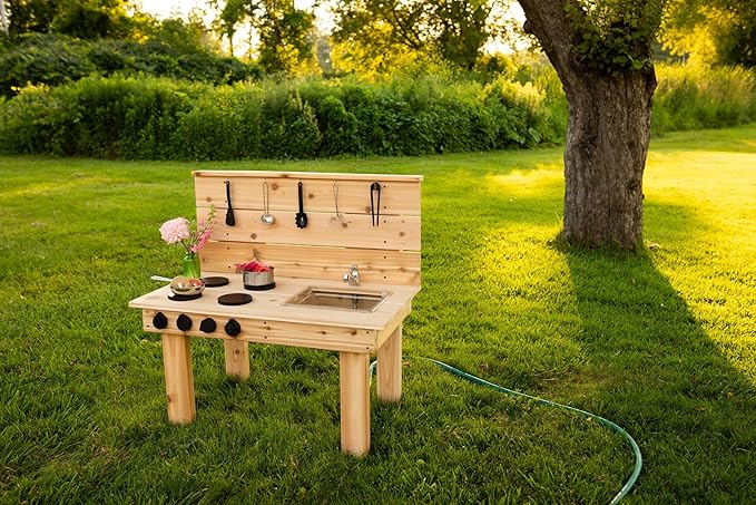 Noble Toys Mini Mud Kitchen with Functional Stovetop Sink for Kids | Pretend Play Toddler Table with Running Water | Outdoor Playset Working Sink | Real Wooden Kitchens | Preschool Equipment