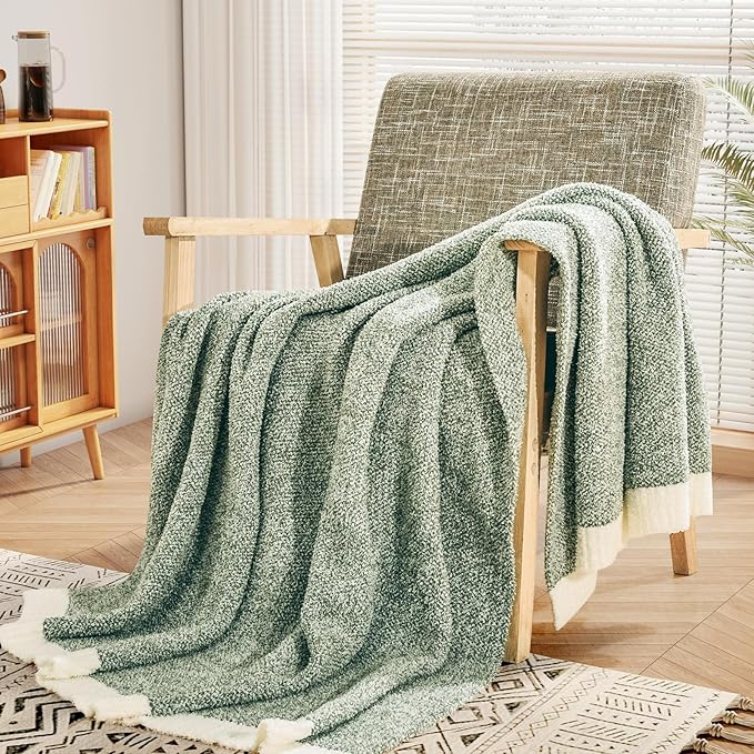 NEXHOME PRO Twin Size Super Soft Throw Blankets for Couch, Cozy Blankets Reversible Warm Knit Blanket for Women, Fuzzy Plush Lightweight Throws for Sofa, Bed, Picnic, Sage Green White, 60 x 80 inches