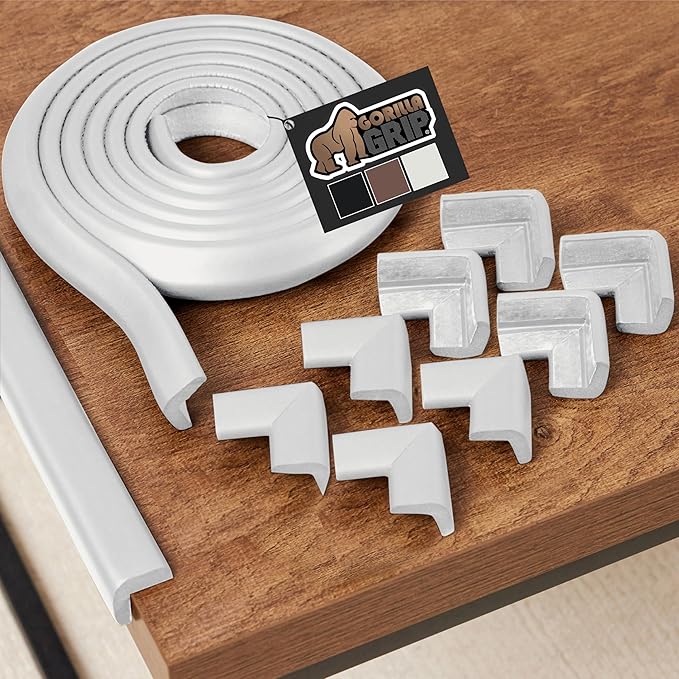 GORILLA GRIP Baby Proof Corners and Edges for Furniture, Kid Proofing Adhesive Table Corner Protectors, Heavy Duty Soft Rubber Foam Protection, Includes 8 Protective Safety Guards, 15 Feet, Off White