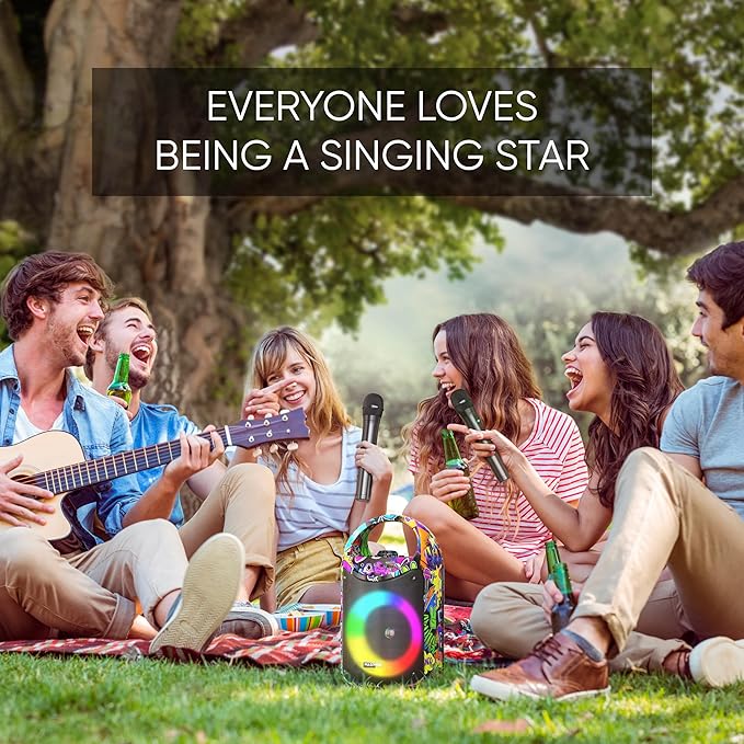 MASINGO Karaoke Machine for Kids and Adults with 2 Wireless Bluetooth Microphones, PA Portable Speaker with Colorful LED Lights, Supports TF Card/USB, AUX/MIC in, TWS for Home Party, Burletta C10 V2