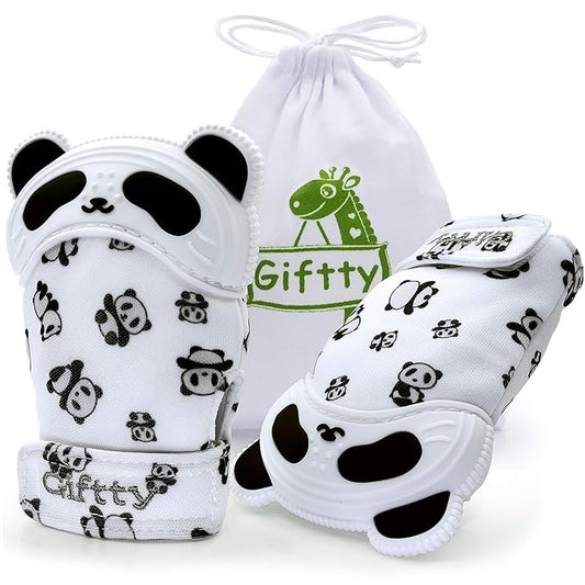 Giftty Baby Teething Mitten Panda Hand Teether Soothing Glove Wearable Teething Toy with Crinkle Sound, Multi Textured for Infants 3-12M (1 Pair)