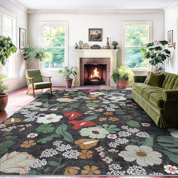 Area Rug Living Room Rugs: 5x7 Washable Rug Vintage Floral Soft Boho Non Slip Carpet Indoor Floor Non Shedding Low Pile Thin Carpets for Bedroom Dining Room Farmhouse Nursery Home Office Green