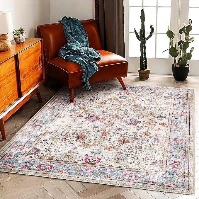 Washable 9'x12' Area Rug Vintage Traditional Distressed Indoor Foldable Thin Retro Accent Floral Non Slip Carpet Living Room Dining Room Office