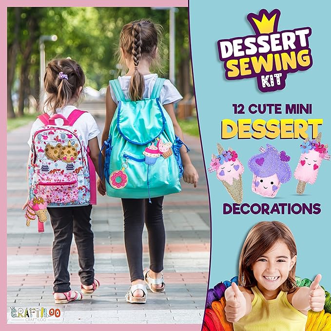 12 Pre-Cut Mini Treats Dessert Fun Kids Sewing Kit for Kids Ages 8-12 Children Beginners Sewing kit kid crafts Make Your Own Felt Pillow Plush Craft Kit Girls and Boys Art Craft Kits Learn to Sew Kit