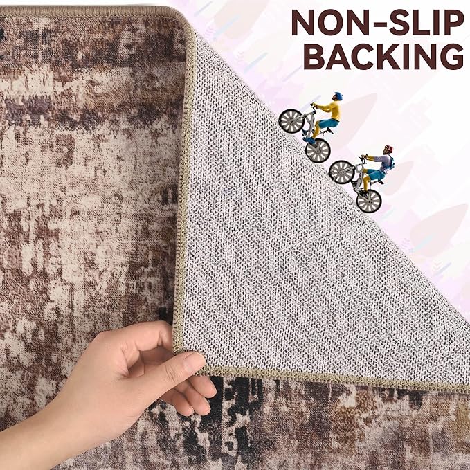 Living Room Rugs 5x7 Brown Washable Area Rug, Abstract Modern Bedroom Rugs Coffee Non Slip Stain Resistant Neutral Large Carpet for Nursery, Dining, Kids Playroom, Dining Room, Office