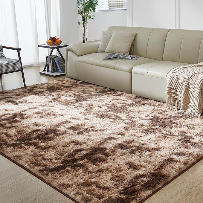 Ultra Soft Rug for Living Room, 8X10 Tie-Dyed Coffee Fluffy Shag Area Rug for Bedroom, Modern Shaggy Carpets Fuzzy Rug for Teens Dorm Nursery Home Decor Aesthetic, Upgrade Anti-Skid Durable